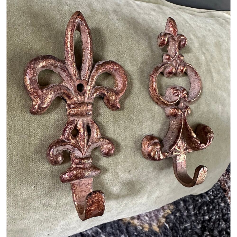 Vintage Wall Hooks, French style Decor gold metal ornate set of 2, 5x3”